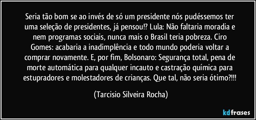 Seria tão bom se ao invés de só um presidente nós pudéssemos ter uma seleção de presidentes, já pensou!? Lula: Não faltaria moradia e nem programas sociais, nunca mais o Brasil teria pobreza. Ciro Gomes: acabaria a inadimplência e todo mundo poderia voltar a comprar novamente. E, por fim, Bolsonaro: Segurança total, pena de morte automática para qualquer incauto e castração química para estupradores e molestadores de crianças. Que tal, não seria ótimo?!!! (Tarcisio Silveira Rocha)
