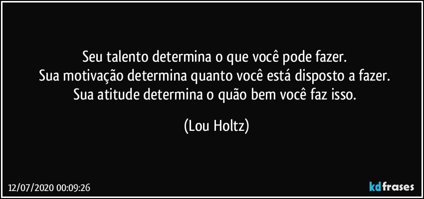 Seu talento determina o que você pode fazer. 
Sua motivação determina quanto você está disposto a fazer. 
Sua atitude determina o quão bem você faz isso. (Lou Holtz)