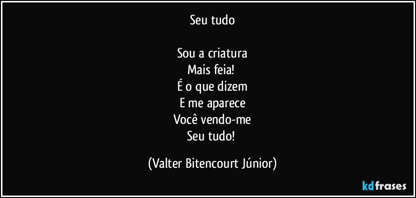 Seu tudo

Sou a criatura
Mais feia! 
É o que dizem
E me aparece
Você vendo-me
Seu tudo! (Valter Bitencourt Júnior)