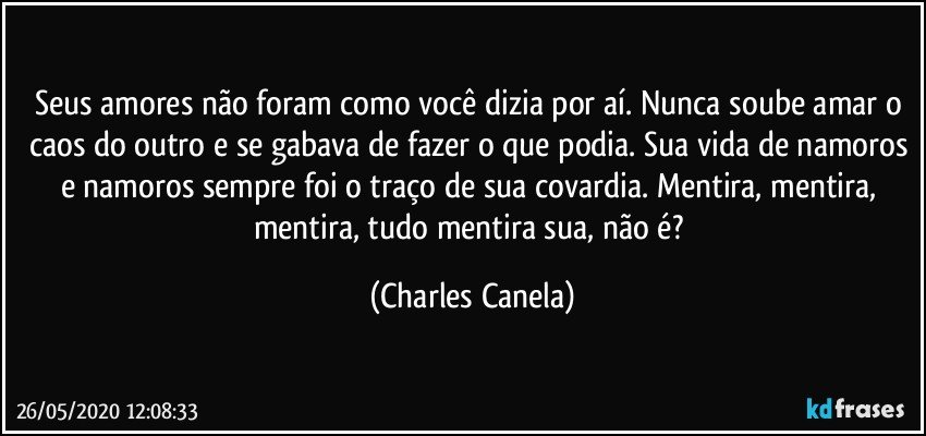 Seus amores não foram como você dizia por aí. Nunca soube amar o caos do outro e se gabava de fazer o que podia. Sua vida de namoros e namoros sempre foi o traço de sua covardia. Mentira, mentira, mentira, tudo mentira sua, não é? (Charles Canela)