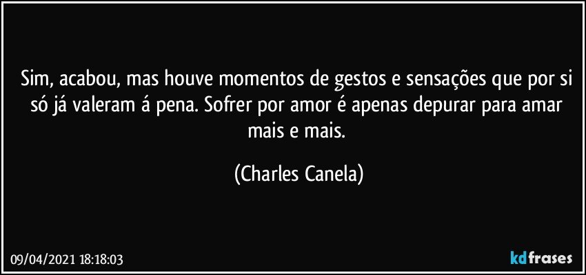 Sim, acabou, mas houve momentos de gestos e sensações que por si só já valeram á pena. Sofrer por amor é apenas depurar para amar mais e mais. (Charles Canela)