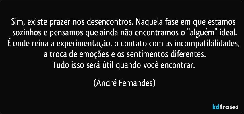 Sim, existe prazer nos desencontros. Naquela fase em que estamos sozinhos e pensamos que ainda não encontramos o "alguém" ideal.
É onde reina a experimentação, o contato com as incompatibilidades, a troca de emoções e os sentimentos diferentes.
Tudo isso será útil quando você encontrar. (André Fernandes)