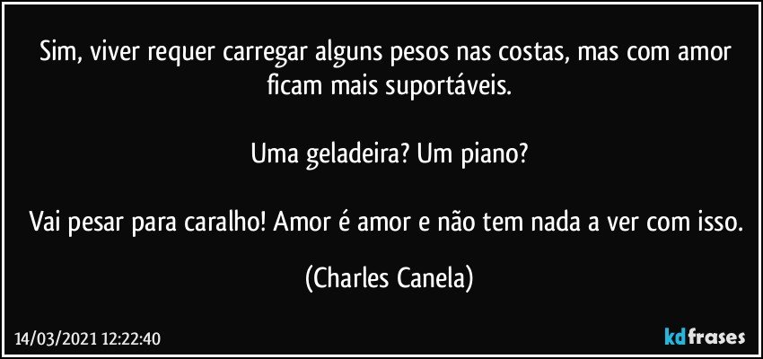 Sim, viver requer carregar alguns pesos nas costas, mas com amor ficam mais suportáveis.

Uma geladeira? Um piano?

Vai pesar para caralho! Amor é amor e não tem nada a ver com isso. (Charles Canela)