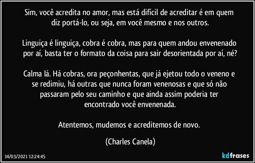 Sim, você acredita no amor, mas está difícil de acreditar é em quem diz portá-lo, ou seja, em você mesmo e nos outros.

Linguiça é linguiça, cobra é cobra, mas para quem andou envenenado por aí, basta ter o formato da coisa para sair desorientada por aí, né?

Calma lá. Há cobras, ora peçonhentas, que já ejetou todo o veneno e se redimiu, há outras que nunca foram venenosas e que só não passaram pelo seu caminho e que ainda assim poderia ter encontrado você envenenada.

Atentemos, mudemos e acreditemos de novo. (Charles Canela)