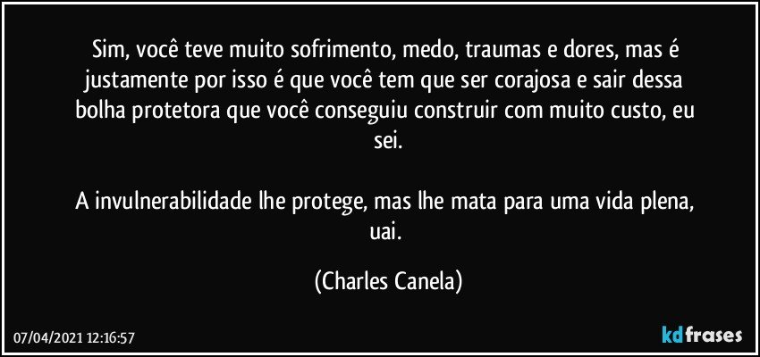 Sim, você teve muito sofrimento, medo, traumas e dores, mas é justamente por isso é que você tem que ser corajosa e sair dessa bolha protetora que você conseguiu construir com muito custo, eu sei.

A invulnerabilidade lhe protege, mas lhe mata para uma vida plena, uai. (Charles Canela)