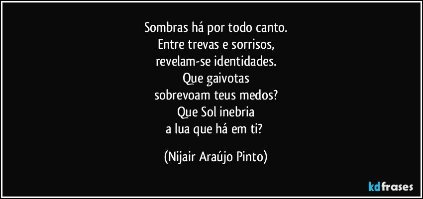 Sombras há por todo canto.
Entre trevas e sorrisos,
revelam-se identidades.
Que gaivotas
sobrevoam teus medos?
Que Sol inebria
a lua que há em ti? (Nijair Araújo Pinto)