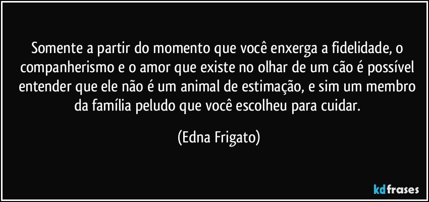 Somente a partir do momento que você enxerga a fidelidade, o companherismo e o amor que existe no olhar de um cão é possível entender que ele não é um animal de estimação, e sim um membro da família peludo que você escolheu para cuidar. (Edna Frigato)