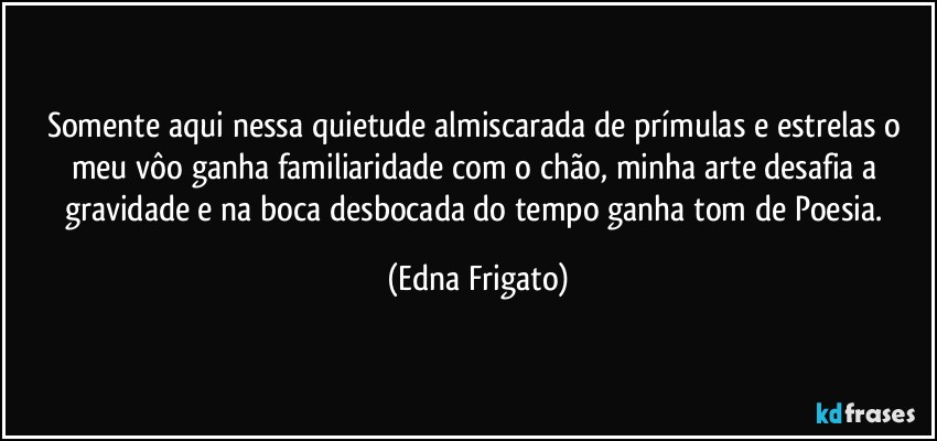 Somente aqui nessa quietude almiscarada de prímulas e estrelas o meu  vôo ganha familiaridade com o chão, minha arte desafia a gravidade e na boca desbocada do tempo ganha tom de Poesia. (Edna Frigato)