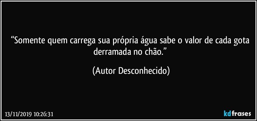 “Somente quem carrega sua própria água sabe o valor de cada gota derramada no chão.” (Autor Desconhecido)