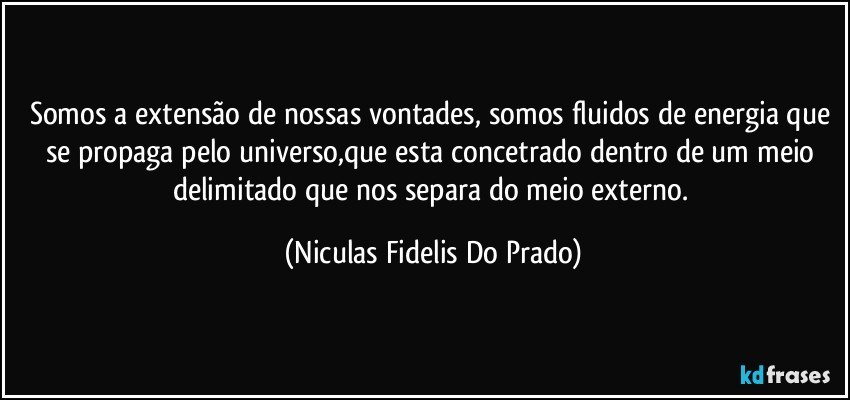 Somos a extensão de nossas vontades, somos fluidos de energia que se propaga pelo universo,que esta concetrado dentro de um meio delimitado que nos separa do meio externo. (Niculas Fidelis Do Prado)