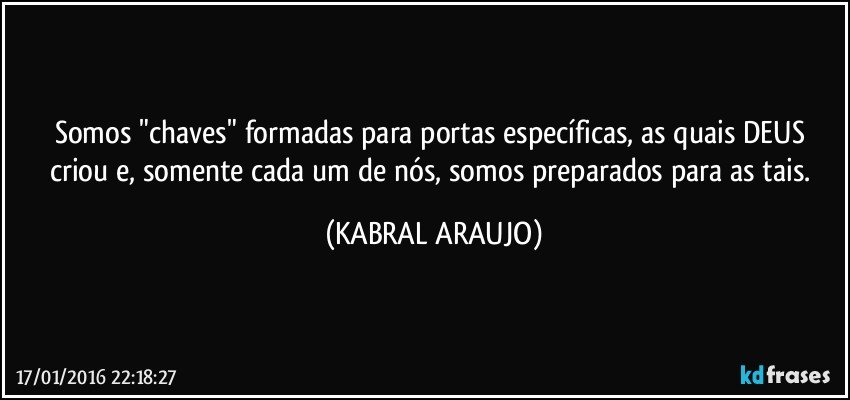 Somos "chaves" formadas para portas específicas, as quais DEUS criou e, somente cada um de nós, somos preparados para as tais. (KABRAL ARAUJO)