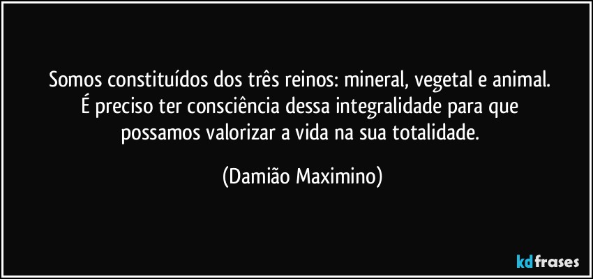 Somos constituídos dos três reinos: mineral, vegetal e animal. 
É preciso ter consciência dessa integralidade para que 
possamos valorizar a vida na sua totalidade. (Damião Maximino)