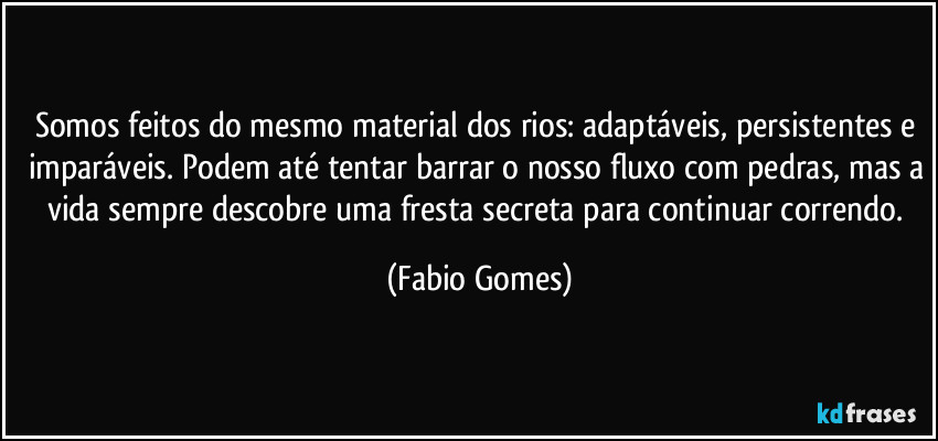 Somos feitos do mesmo material dos rios: adaptáveis, persistentes e imparáveis. Podem até tentar barrar o nosso fluxo com pedras, mas a vida sempre descobre uma fresta secreta para continuar correndo. (Fabio Gomes)
