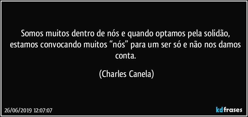 Somos muitos dentro de nós e quando optamos pela solidão, estamos convocando muitos “nós” para um ser só e não nos damos conta. (Charles Canela)