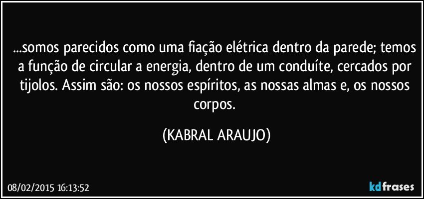 ...somos parecidos como uma fiação elétrica dentro da parede; temos a função de circular a energia, dentro de um conduíte, cercados por tijolos. Assim são: os nossos espíritos, as nossas almas e, os nossos corpos. (KABRAL ARAUJO)