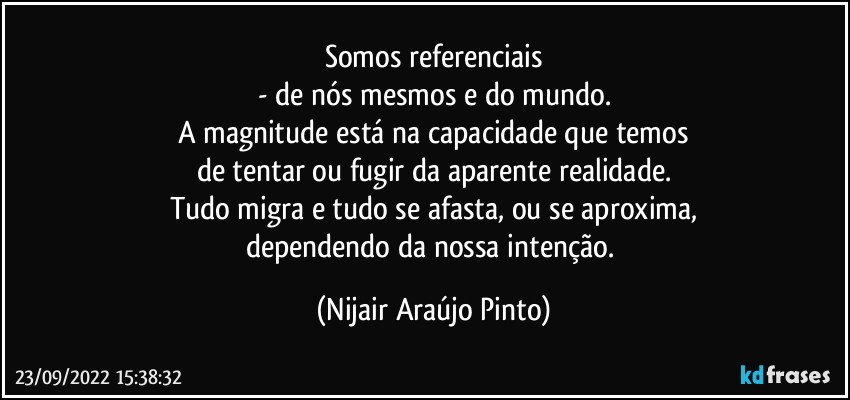 Somos referenciais
- de nós mesmos e do mundo.
A magnitude está na capacidade que temos
de tentar ou fugir da aparente realidade.
Tudo migra e tudo se afasta, ou se aproxima,
dependendo da nossa intenção. (Nijair Araújo Pinto)