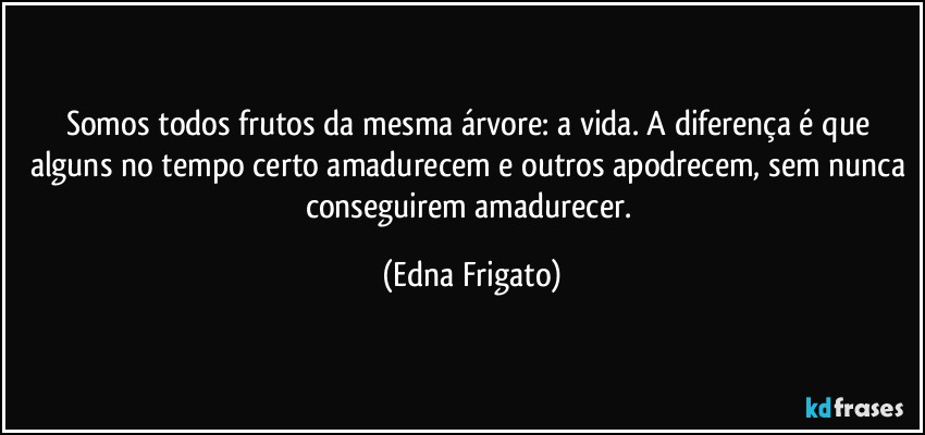 Somos todos frutos da mesma árvore: a vida. A diferença é que alguns no tempo certo amadurecem e outros apodrecem, sem nunca conseguirem amadurecer. (Edna Frigato)