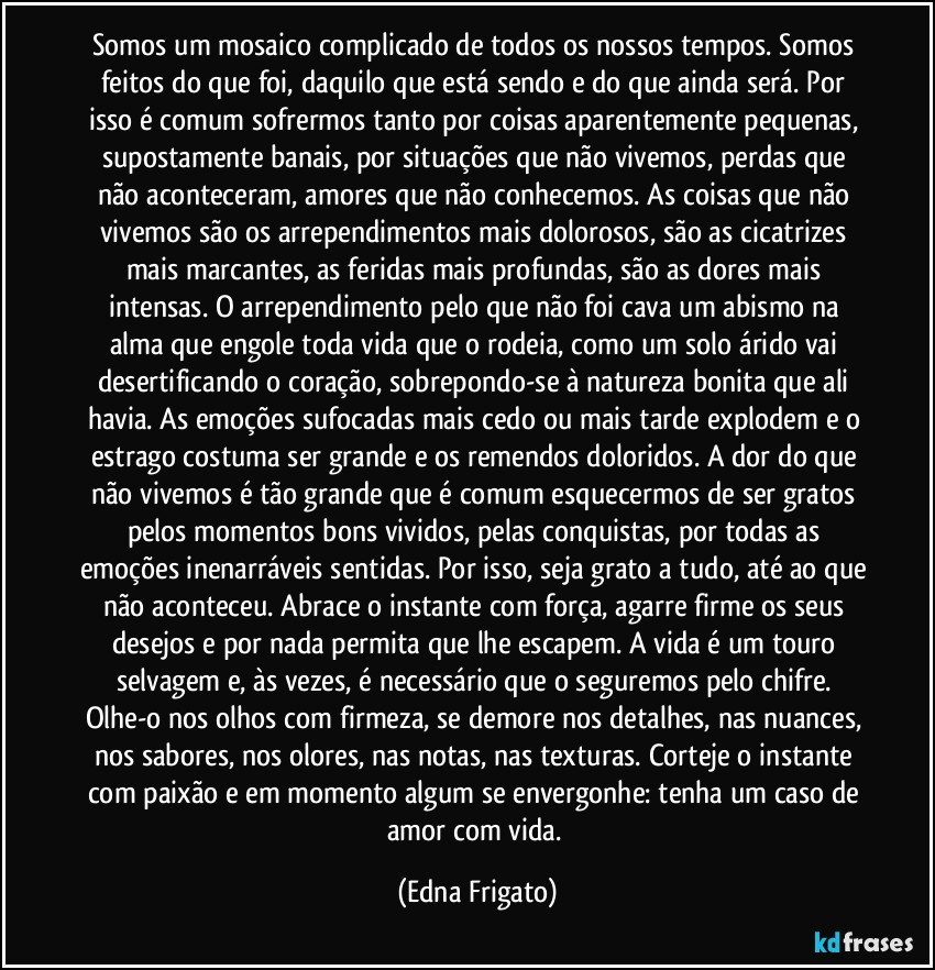 Somos um mosaico complicado de todos os nossos tempos. Somos feitos do que foi, daquilo que está sendo e do que ainda será. Por isso é comum sofrermos tanto por coisas aparentemente pequenas, supostamente banais, por situações que não vivemos, perdas que não aconteceram, amores que não conhecemos. As coisas que não vivemos  são os arrependimentos mais dolorosos, são as cicatrizes mais marcantes, as feridas mais profundas, são as dores mais intensas. O arrependimento pelo que não foi cava um abismo na alma que engole toda vida que o rodeia, como um solo árido vai desertificando o coração, sobrepondo-se à natureza bonita que ali havia. As emoções sufocadas mais cedo ou mais tarde explodem e o estrago costuma ser grande e os remendos doloridos. A dor do que não vivemos é tão grande que é comum esquecermos de ser gratos pelos momentos bons vividos, pelas conquistas, por todas as emoções inenarráveis sentidas. Por isso, seja grato a tudo, até ao que não aconteceu. Abrace o instante com força, agarre firme os seus desejos e  por nada permita que lhe escapem. A vida é um touro selvagem e, às vezes, é necessário que o seguremos pelo chifre. Olhe-o nos olhos com firmeza, se demore nos detalhes, nas nuances, nos sabores, nos olores, nas notas, nas texturas. Corteje o instante com paixão e em momento algum se envergonhe: tenha um caso de amor com vida. (Edna Frigato)