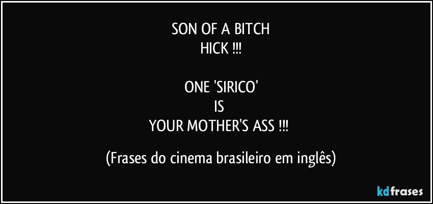 SON OF A BITCH
HICK !!!

ONE 'SIRICO'
IS 
YOUR MOTHER'S ASS !!! (Frases do cinema brasileiro em inglês)