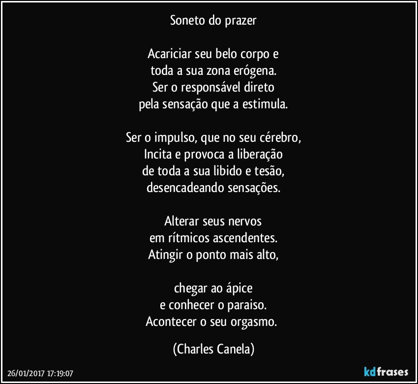 Soneto do prazer

Acariciar seu belo corpo e
toda a sua zona erógena.
Ser o responsável direto
pela sensação que a estimula.

Ser o impulso, que no seu cérebro,
Incita e provoca a liberação
de toda a sua libido e tesão,
desencadeando sensações.

Alterar seus nervos
em rítmicos ascendentes.
Atingir o ponto mais alto,

chegar ao ápice
e conhecer o paraiso.
Acontecer o seu orgasmo. (Charles Canela)