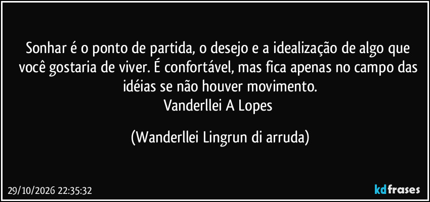 Sonhar é o ponto de partida, o desejo e a idealização de algo que você gostaria de viver. É confortável, mas fica apenas no campo das idéias se não houver movimento.
Vanderllei A Lopes (Wanderllei Lingrun di arruda)