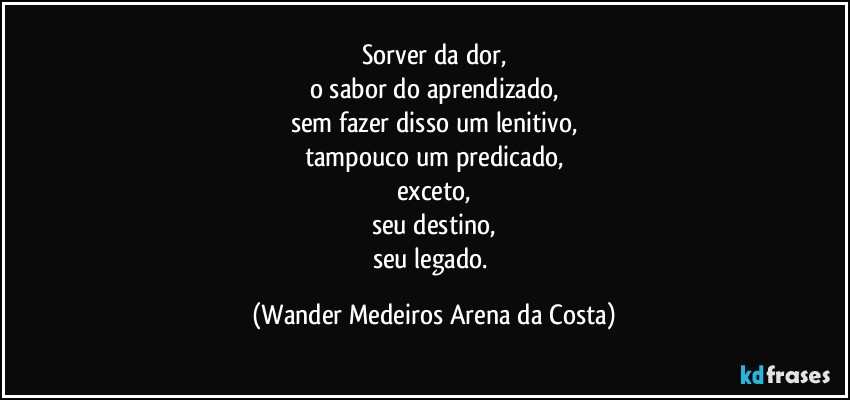 Sorver da dor,
o sabor do aprendizado,
sem fazer disso um lenitivo,
tampouco um predicado,
exceto,
seu destino,
seu legado. (Wander Medeiros Arena da Costa)