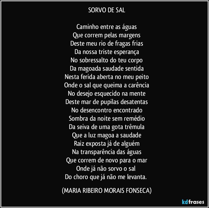 SORVO DE SAL

Caminho entre as águas
Que correm pelas margens
Deste meu rio de fragas frias
Da nossa triste esperança
No sobressalto do teu corpo
Da magoada saudade sentida
Nesta ferida aberta no meu peito
Onde o sal que queima a carência
No desejo esquecido na mente
Deste mar de pupilas desatentas
No desencontro encontrado
Sombra da noite sem remédio
Da seiva de uma gota trêmula
Que a luz magoa a saudade
Raiz exposta já de alguém
Na transparência das águas
Que correm de novo para o mar
Onde já não sorvo o sal 
Do choro que já não me levanta. (MARIA RIBEIRO MORAIS FONSECA)