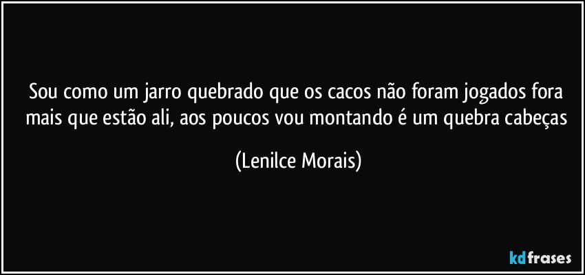 sou como um jarro quebrado que os cacos não foram jogados fora mais que estão ali, aos poucos vou montando é um quebra cabeças (Lenilce Morais)