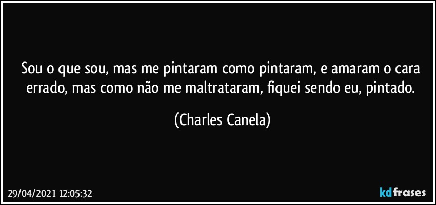 Sou o que sou, mas me pintaram como pintaram, e amaram o cara errado, mas como não me maltrataram, fiquei sendo eu, pintado. (Charles Canela)