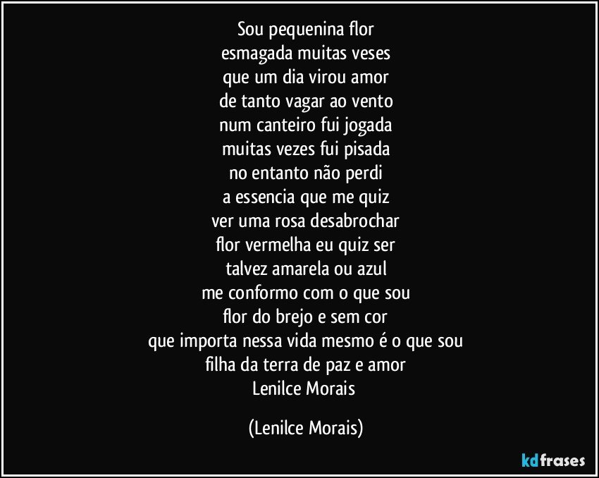 sou pequenina flor
esmagada muitas veses
que um dia virou  amor
de tanto vagar ao vento
num canteiro fui jogada
muitas vezes fui pisada
no entanto não perdi
a essencia que me quiz
ver uma rosa desabrochar
flor vermelha eu quiz ser
talvez amarela ou azul
me conformo com o que sou
flor do brejo e sem cor
que importa nessa vida mesmo é o que sou
filha da terra de paz e amor
Lenilce Morais (Lenilce Morais)