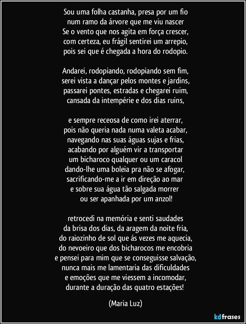 Sou uma folha castanha, presa por um fio
num ramo da árvore que me viu nascer
Se o vento que nos agita em força crescer,
com certeza, eu frágil sentirei um arrepio,
pois sei que é chegada a hora do rodopio.

Andarei, rodopiando, rodopiando sem fim,
serei vista a dançar pelos montes e jardins,
passarei pontes, estradas e chegarei ruim,
cansada da intempérie  e dos dias ruins,

e sempre receosa de como irei aterrar,
pois não queria nada numa valeta acabar,
navegando nas suas águas sujas e frias,
acabando por alguém vir a  transportar
um bicharoco qualquer ou um caracol
dando-lhe uma boleia pra não se afogar, 
sacrificando-me a ir em direção ao mar 
e sobre sua água tão salgada morrer 
 ou ser apanhada por um anzol!

retrocedi na memória e senti saudades
da brisa dos dias, da aragem da noite fria,
do raiozinho de sol que ás vezes me aquecia,
do nevoeiro que dos bicharocos me encobria
e pensei para mim que se conseguisse salvação,
nunca mais me lamentaria das dificuldades
e emoções que me viessem a incomodar,
durante a duração das quatro estações! (Maria Luz)