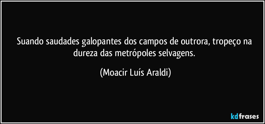 Suando saudades galopantes dos campos de outrora, tropeço na dureza das metrópoles selvagens. (Moacir Luís Araldi)