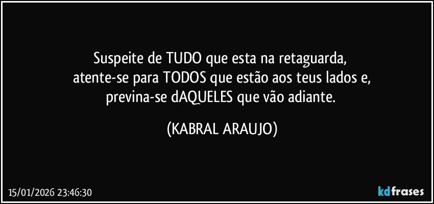 Suspeite de TUDO que esta na retaguarda, 
atente-se para TODOS que estão aos teus lados e,
previna-se dAQUELES que vão adiante. (KABRAL ARAUJO)