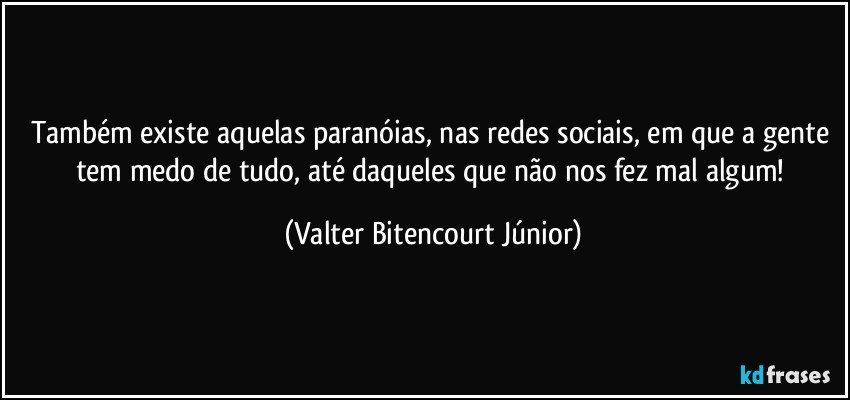 Também existe aquelas paranóias, nas redes sociais, em que a gente tem medo de tudo, até daqueles que não nos fez mal algum! (Valter Bitencourt Júnior)