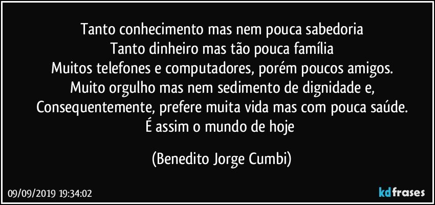 Tanto conhecimento mas nem pouca sabedoria
Tanto dinheiro mas tão pouca família
Muitos telefones e computadores, porém poucos amigos.
Muito orgulho mas nem sedimento de dignidade e,
Consequentemente, prefere muita vida mas com pouca saúde.
É assim o mundo de hoje (Benedito Jorge Cumbi)