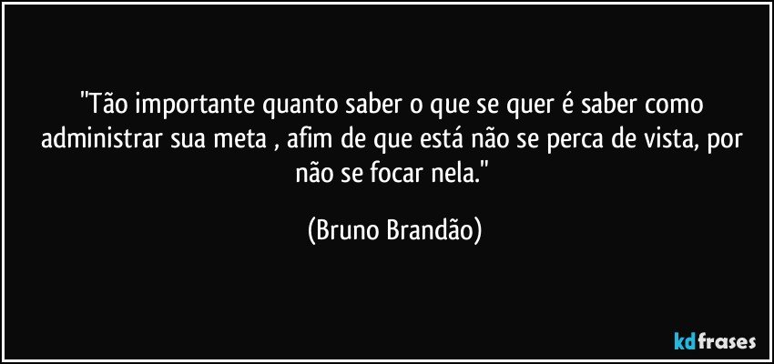 "Tão importante quanto saber o que se quer é saber como administrar sua meta , afim de que está não se perca de vista, por não se focar nela." (Bruno Brandão)