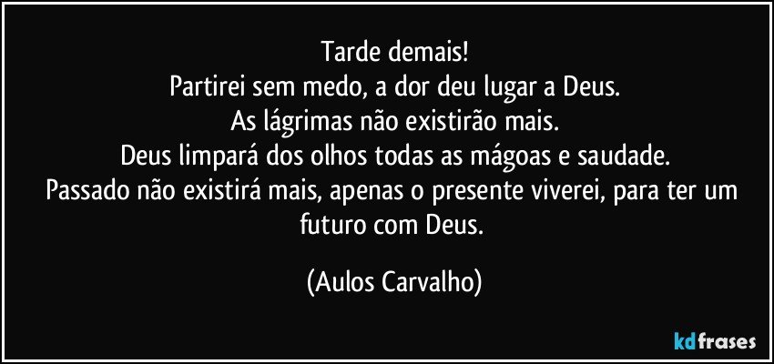 Tarde demais!
Partirei sem medo, a dor deu lugar a Deus.
As lágrimas não existirão mais.
Deus limpará dos olhos todas as mágoas e saudade.
Passado não existirá mais, apenas o presente viverei, para ter um futuro com Deus. (Aulos Carvalho)