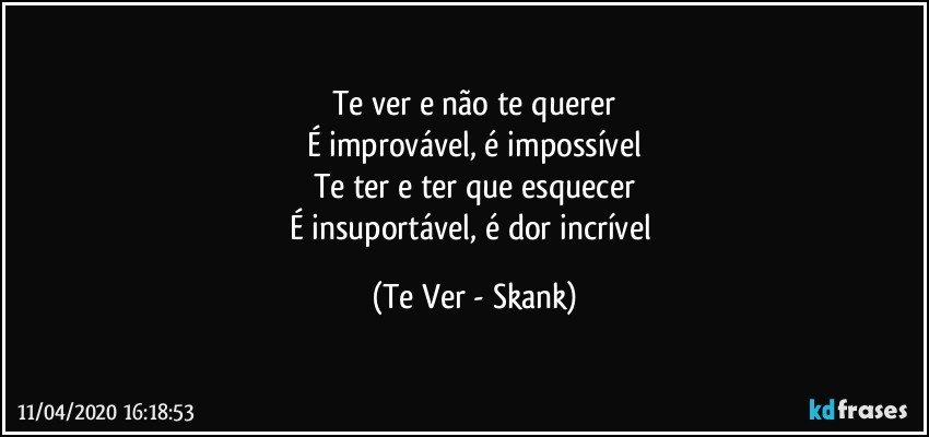 Te ver e não te querer
É improvável, é impossível
Te ter e ter que esquecer
É insuportável, é dor incrível (Te Ver - Skank)