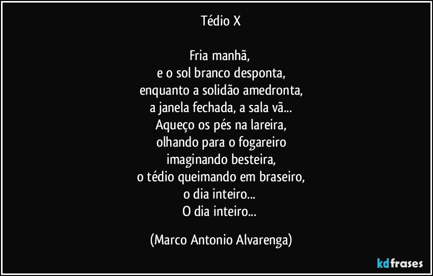 Tédio X

Fria manhã, 
e o sol branco desponta,
enquanto a solidão amedronta,
a janela fechada, a sala vã...
Aqueço os pés na lareira,
olhando para o fogareiro
imaginando besteira,
o tédio queimando em braseiro,
o dia inteiro... 
O dia inteiro... (Marco Antonio Alvarenga)