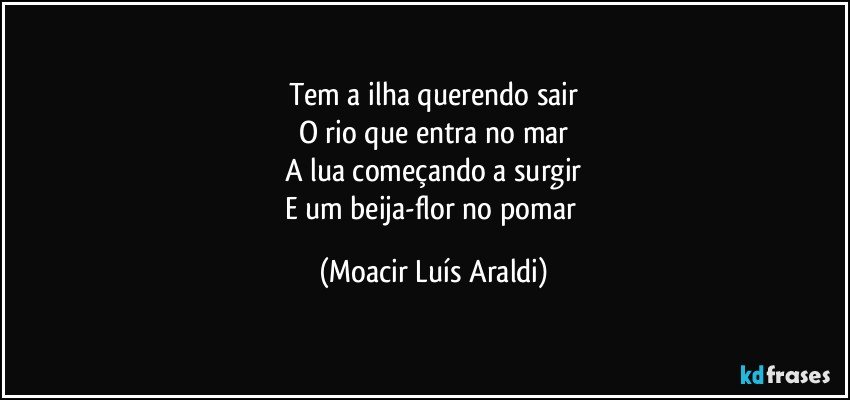 Tem a ilha querendo sair
O rio que entra no mar
A lua começando a surgir
E um beija-flor no pomar (Moacir Luís Araldi)