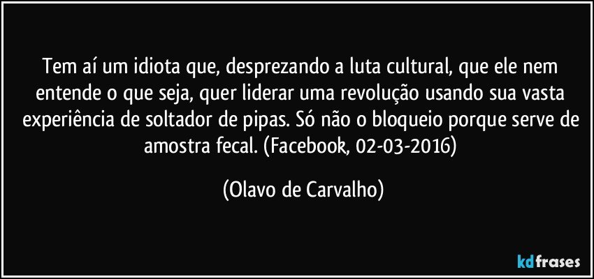 Tem aí um idiota que, desprezando a luta cultural, que ele nem entende o que seja, quer liderar uma revolução usando sua vasta experiência de soltador de pipas. Só não o bloqueio porque serve de amostra fecal. (Facebook, 02-03-2016) (Olavo de Carvalho)