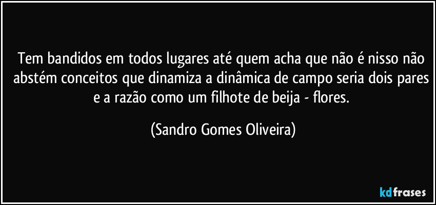 Tem bandidos em todos lugares até quem acha que não é nisso não abstém conceitos que dinamiza a dinâmica de campo seria dois pares e a razão como um filhote de beija - flores. (Sandro Gomes Oliveira)