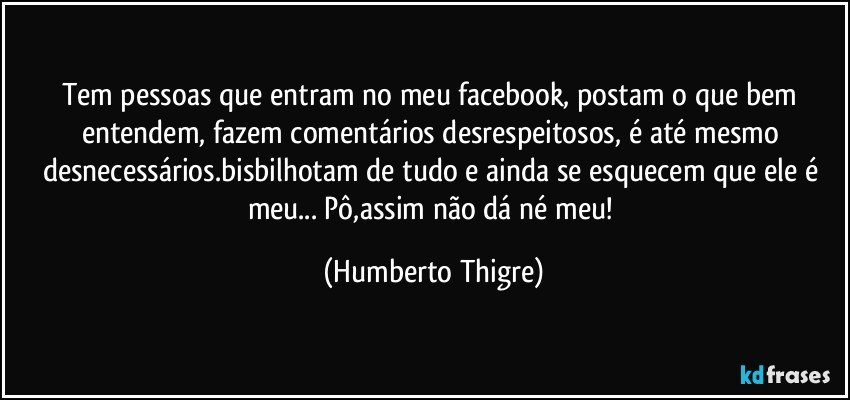 Tem pessoas que entram no meu facebook, postam o que bem entendem, fazem comentários desrespeitosos, é até mesmo desnecessários.bisbilhotam de tudo e ainda se esquecem que ele é meu... Pô,assim não dá né meu! (Humberto Thigre)