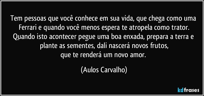 Tem pessoas que você conhece em sua vida, que chega como uma Ferrari e quando você menos espera te atropela como trator.
Quando isto acontecer pegue uma boa enxada, prepara a terra e plante as sementes, dali nascerá novos frutos,
que te renderá um novo amor. (Aulos Carvalho)