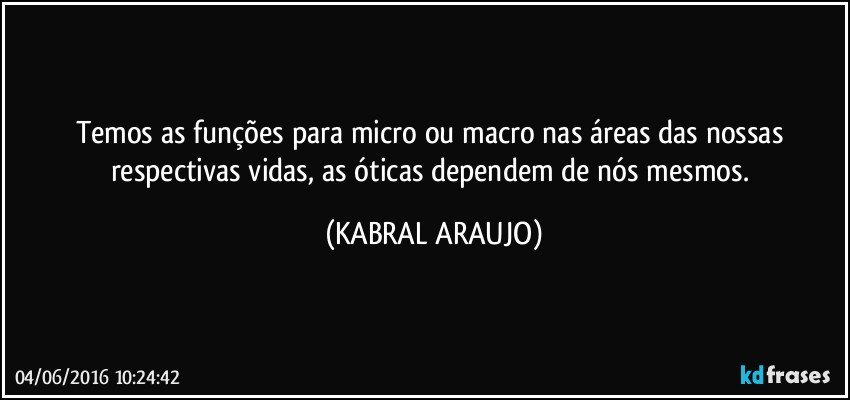 Temos as funções para micro ou macro nas áreas das nossas respectivas vidas, as óticas dependem de nós mesmos. (KABRAL ARAUJO)