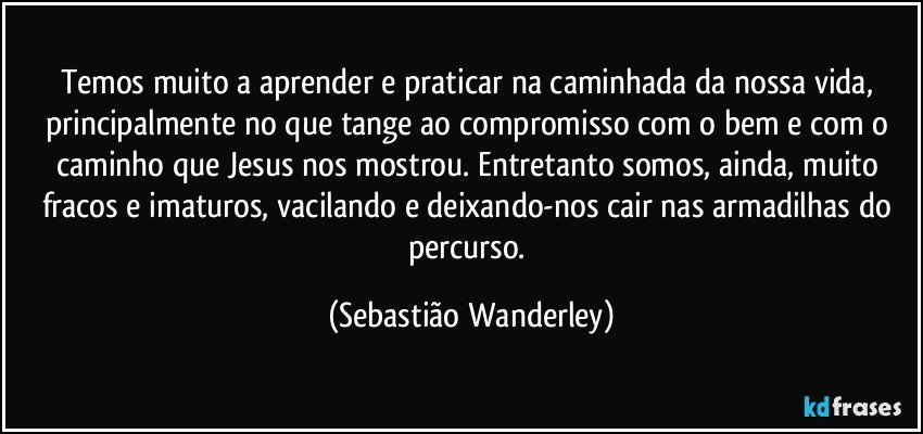 Temos muito a aprender e praticar na caminhada da nossa vida, principalmente no que tange ao compromisso com o bem e com o caminho que Jesus nos mostrou. Entretanto somos, ainda, muito fracos e imaturos, vacilando e deixando-nos cair nas armadilhas do percurso. (Sebastião Wanderley)
