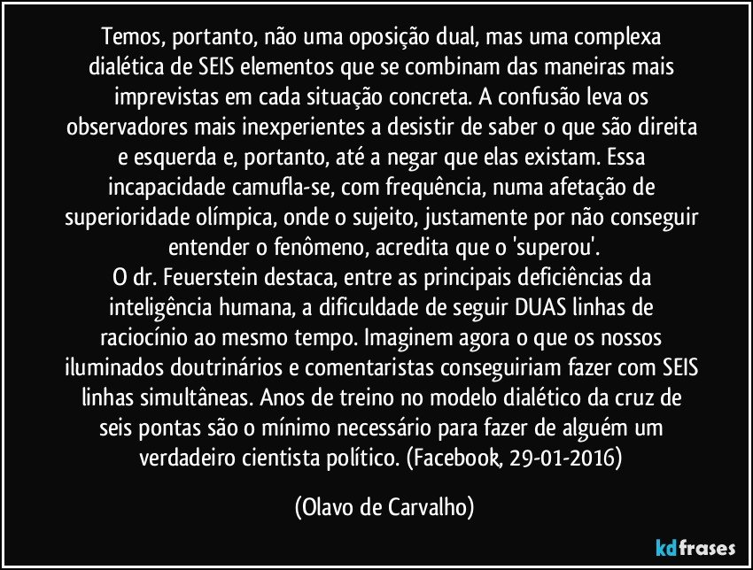 Temos, portanto, não uma oposição dual, mas uma complexa dialética de SEIS elementos que se combinam das maneiras mais imprevistas em cada situação concreta. A confusão leva os observadores mais inexperientes a desistir de saber o que são direita e esquerda e, portanto, até a negar que elas existam. Essa incapacidade camufla-se, com frequência, numa afetação de superioridade olímpica, onde o sujeito, justamente por não conseguir entender o fenômeno, acredita que o 'superou'.
O dr. Feuerstein destaca, entre as principais deficiências da inteligência humana, a dificuldade de seguir DUAS linhas de raciocínio ao mesmo tempo. Imaginem agora o que os nossos iluminados doutrinários e comentaristas conseguiriam fazer com SEIS linhas simultâneas. Anos de treino no modelo dialético da cruz de seis pontas são o mínimo necessário para fazer de alguém um verdadeiro cientista político. (Facebook, 29-01-2016) (Olavo de Carvalho)