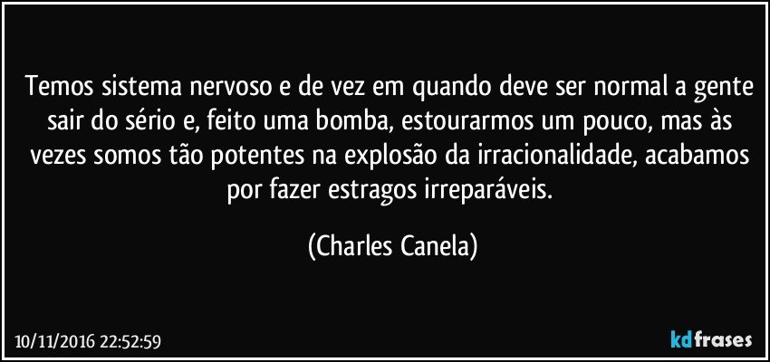 Temos sistema nervoso e de vez em quando deve ser normal a gente sair do sério e, feito uma bomba, estourarmos um pouco, mas às vezes somos tão potentes na explosão da irracionalidade, acabamos por fazer estragos irreparáveis. (Charles Canela)