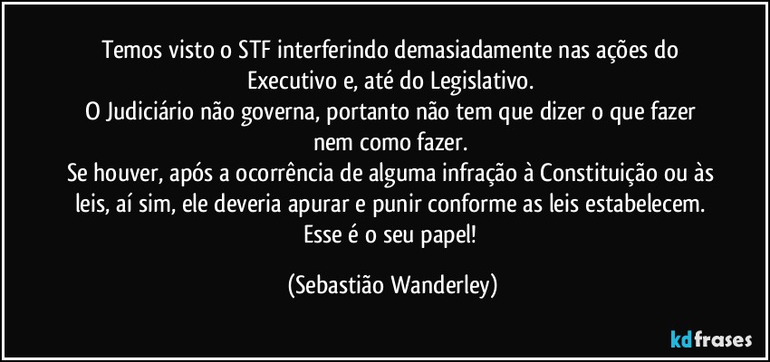 Temos visto o STF interferindo demasiadamente nas ações do Executivo e, até do Legislativo. 
O Judiciário não governa, portanto não tem que dizer o que fazer nem como fazer. 
Se houver, após a ocorrência de alguma infração à Constituição ou às leis, aí sim, ele deveria apurar e punir conforme as leis estabelecem. 
Esse é o seu papel! (Sebastião Wanderley)
