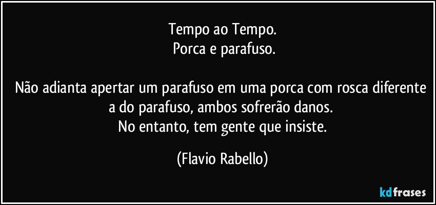 Tempo ao Tempo.
 Porca e parafuso.

Não adianta apertar um parafuso em uma porca com rosca diferente a do  parafuso, ambos sofrerão danos. 
 No entanto, tem gente que insiste. (Flavio Rabello)